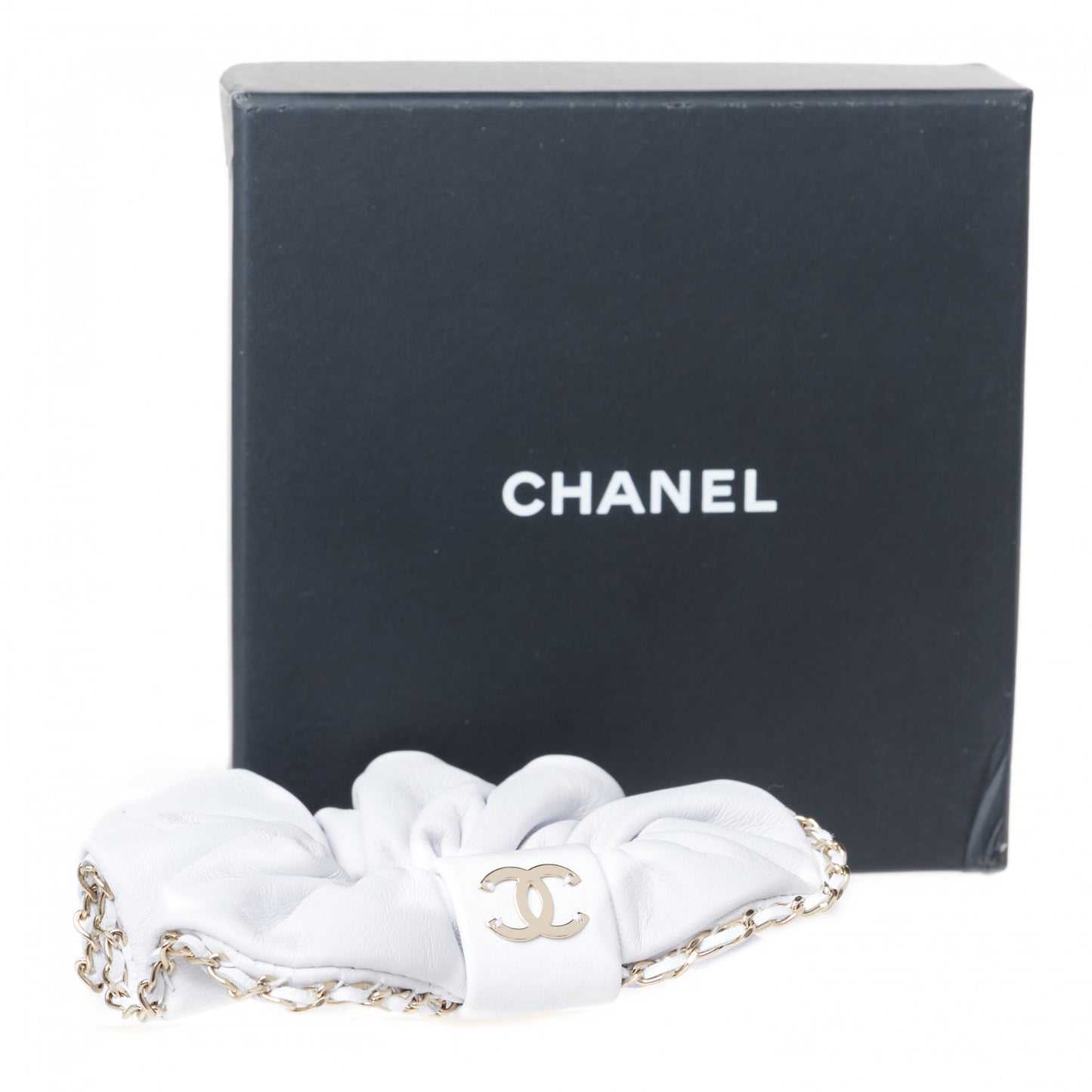 Lambskin Chain CC Hair Scrunchie White Gold