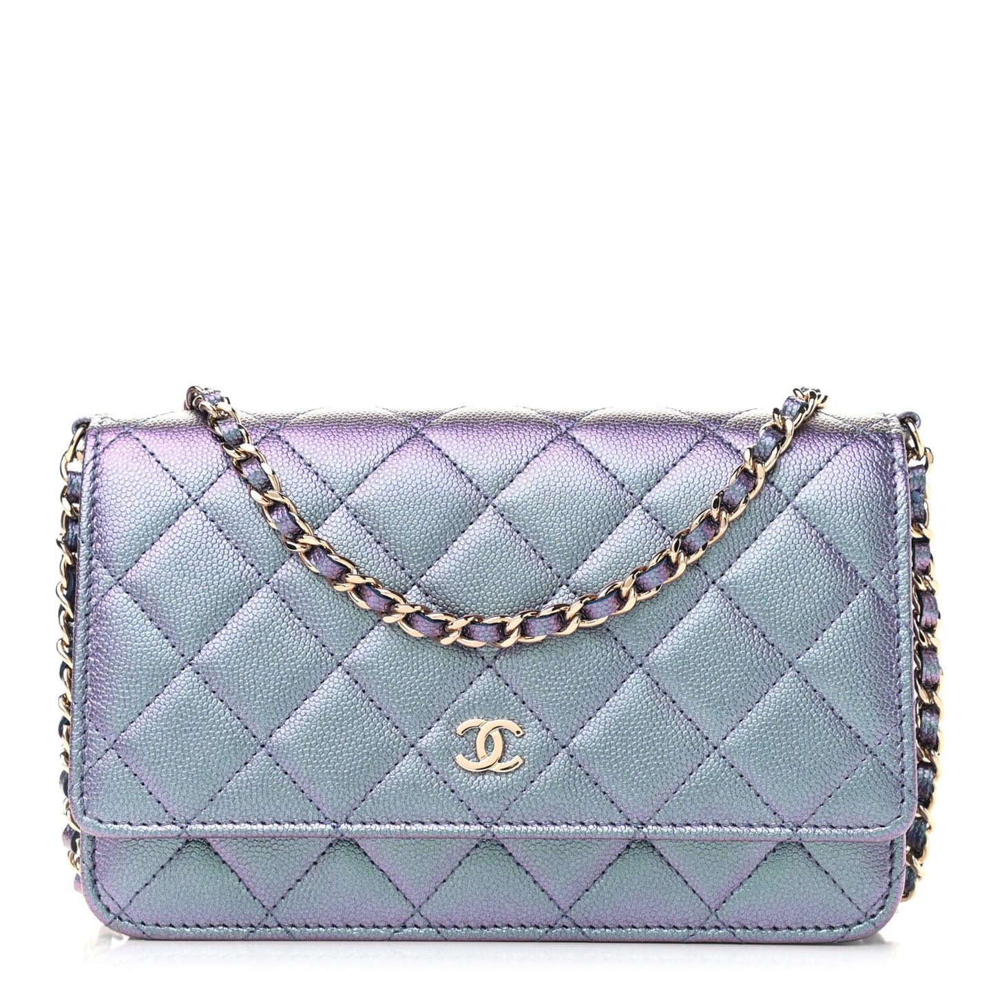 Iridescent Caviar Quilted Wallet On Chain WOC Dark Blue