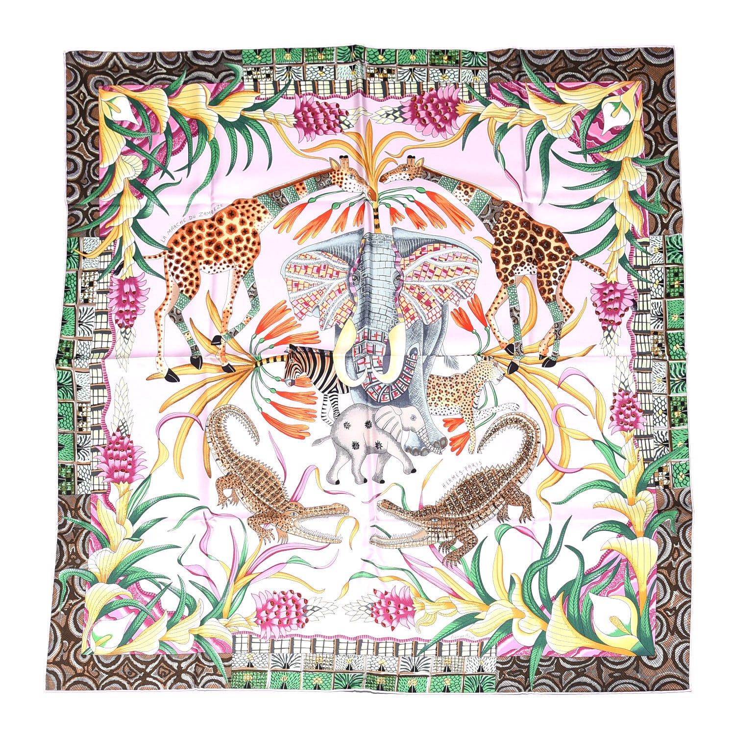 Hermes Silk La Marche Du Zambeze Scarf 90 Rose Pale Vert Jaune 1 of 6
