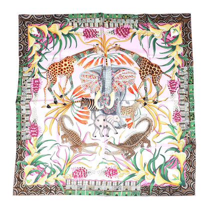 Hermes Silk La Marche Du Zambeze Scarf 90 Rose Pale Vert Jaune 1 of 6
