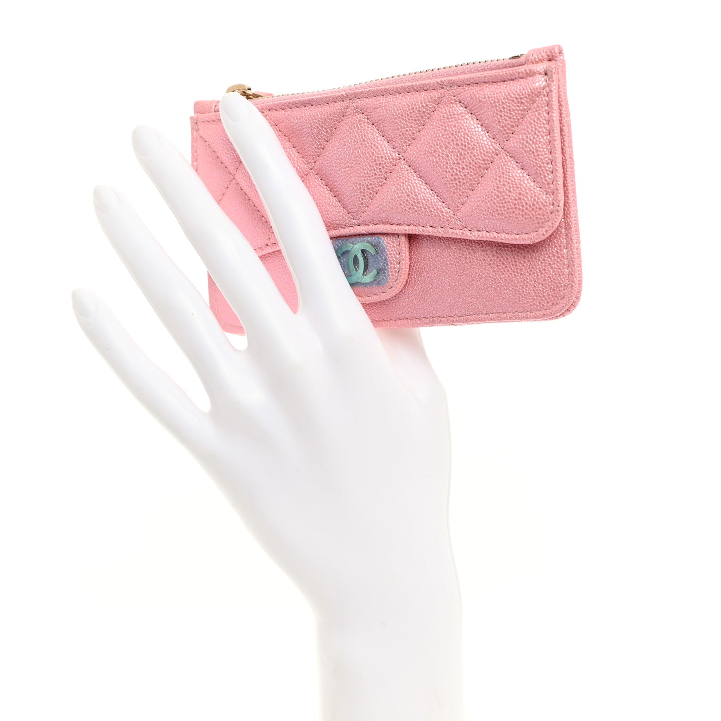 Iridescent Caviar Quilted Flap Zip Card Holder Pink