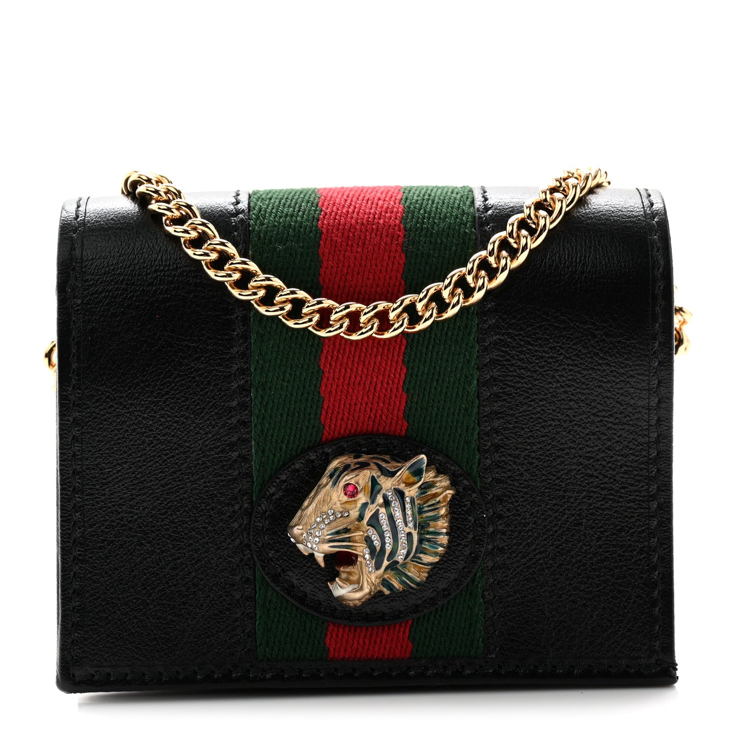 Calfskin Web Rajah Chain Card Case Wallet Black