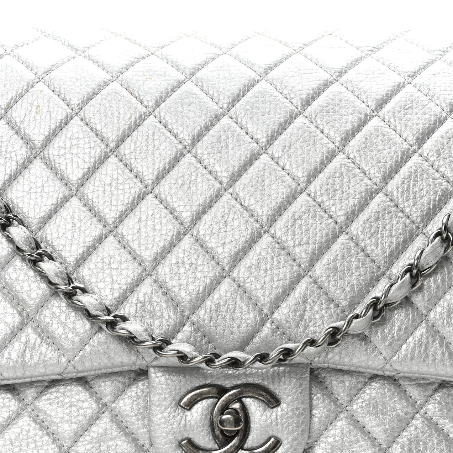 Metallic Calfskin Quilted XXL Travel Flap Bag Silver