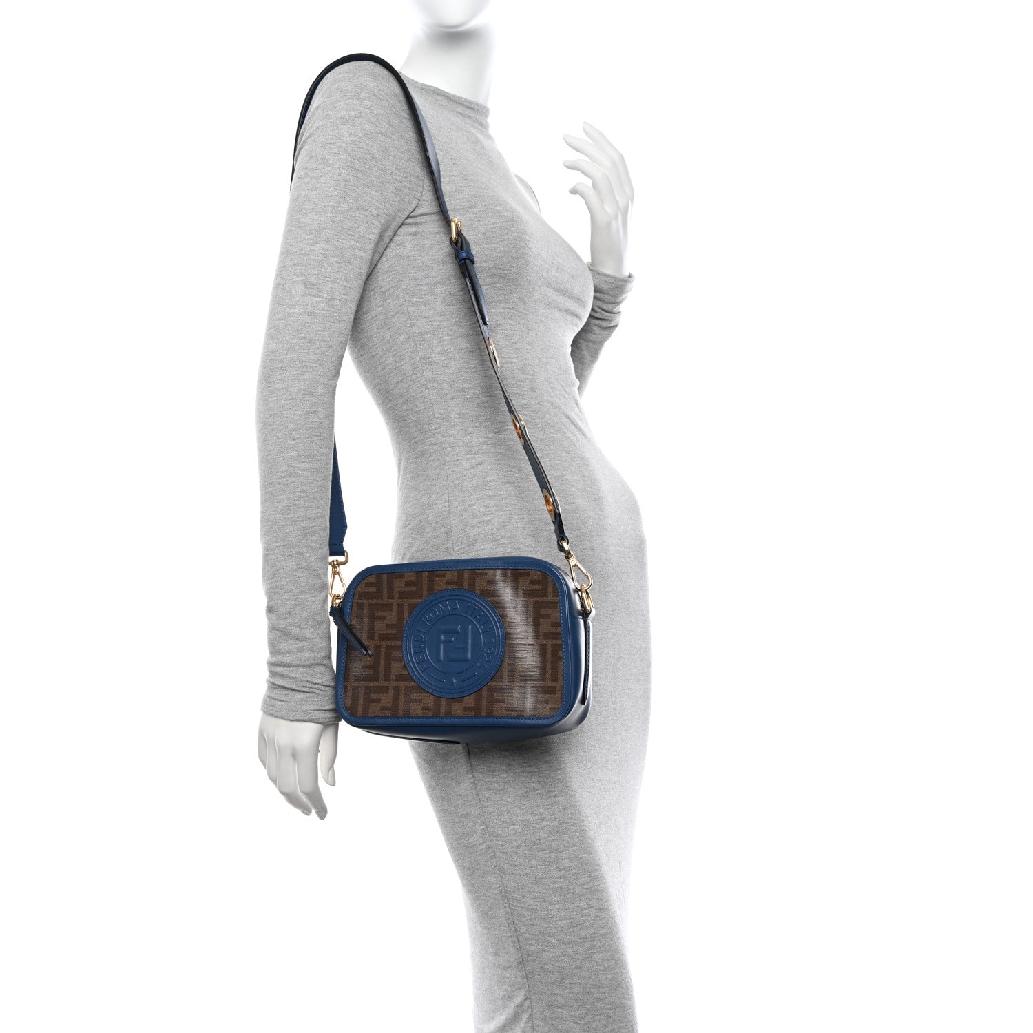 Fendi Glazed Fabric Vitello Century F is Fendi FF 1974 Stamp Patch Camera Case Mogano Panna Iris 3 of 10