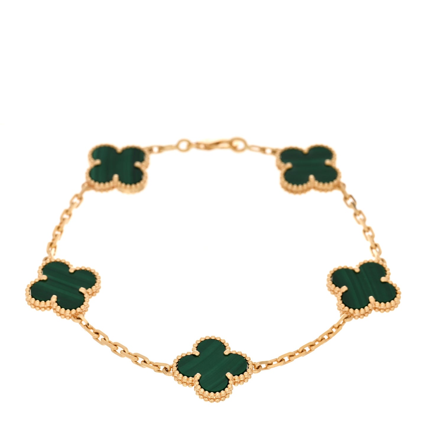 18K Yellow Gold Malachite 5 Motifs Vintage Alhambra Bracelet