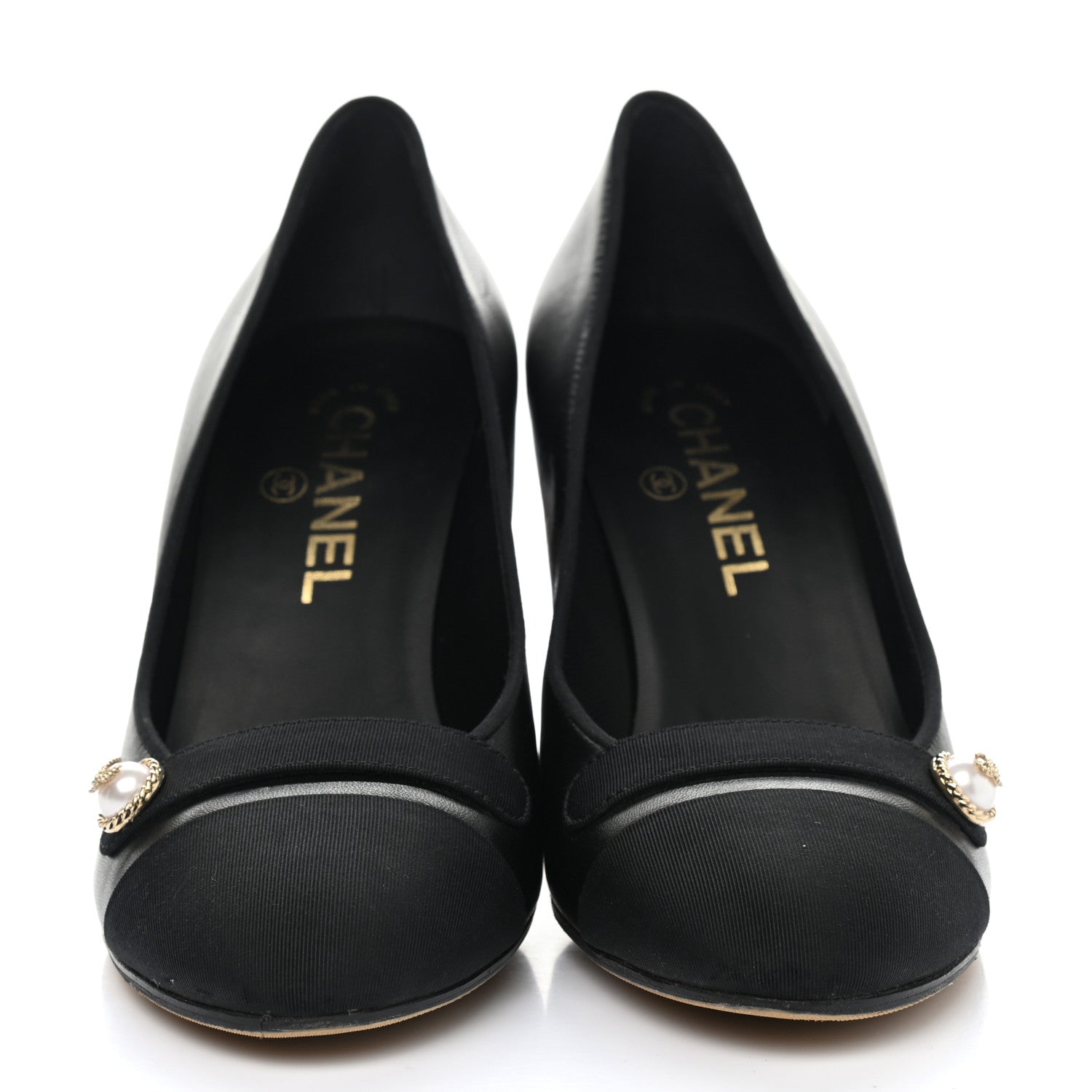 Chanel Lambskin Grosgrain Cap Toe Pearl Pumps 38 Black 2 of 10