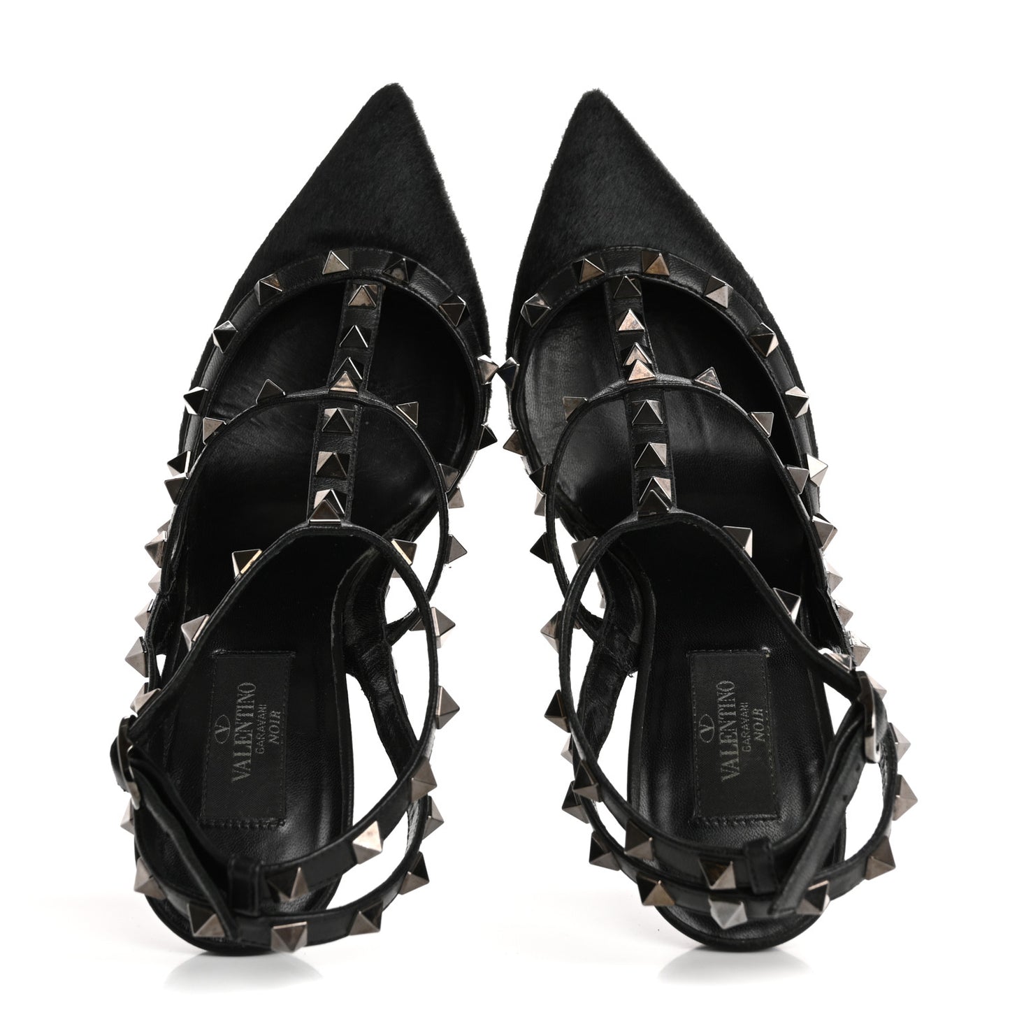 Calf Hair Rockstud Ankle Strap Pumps 38.5 Black