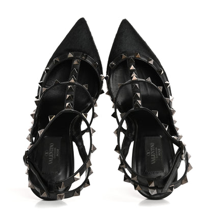 Valentino Garavani Calf Hair Rockstud Ankle Strap Pumps 38.5 Black 2 of 14