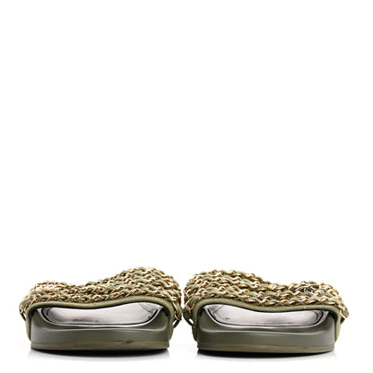 Chanel Satin Canvas Chain Slides Sandals Flats 40 Khaki 3 of 16