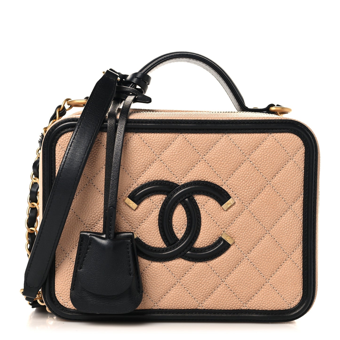 Caviar Quilted Medium CC Filigree Vanity Case Beige Black