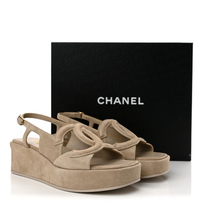 Chanel Suede Calfskin Platform CC Sandals 37.5 Dark Beige 10 of 10