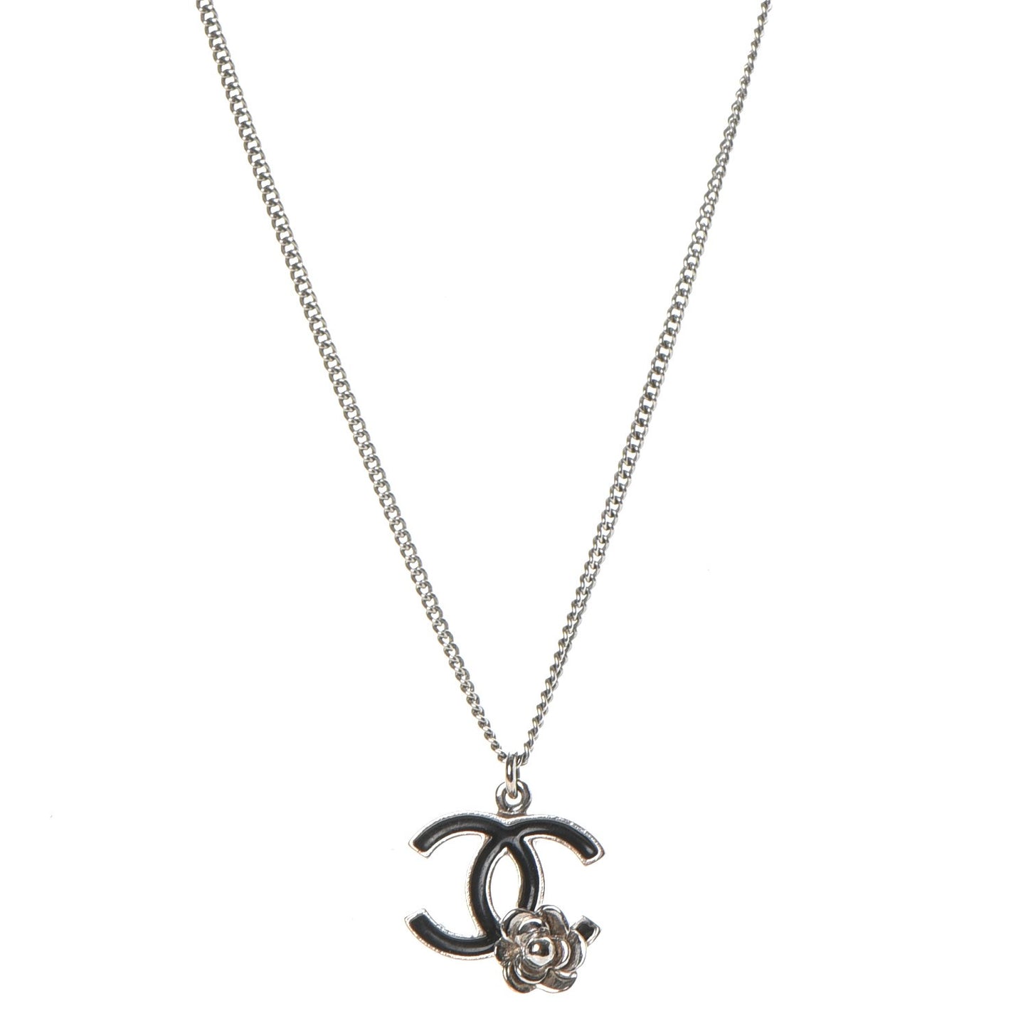 Enamel CC Camellia Necklace Silver Black