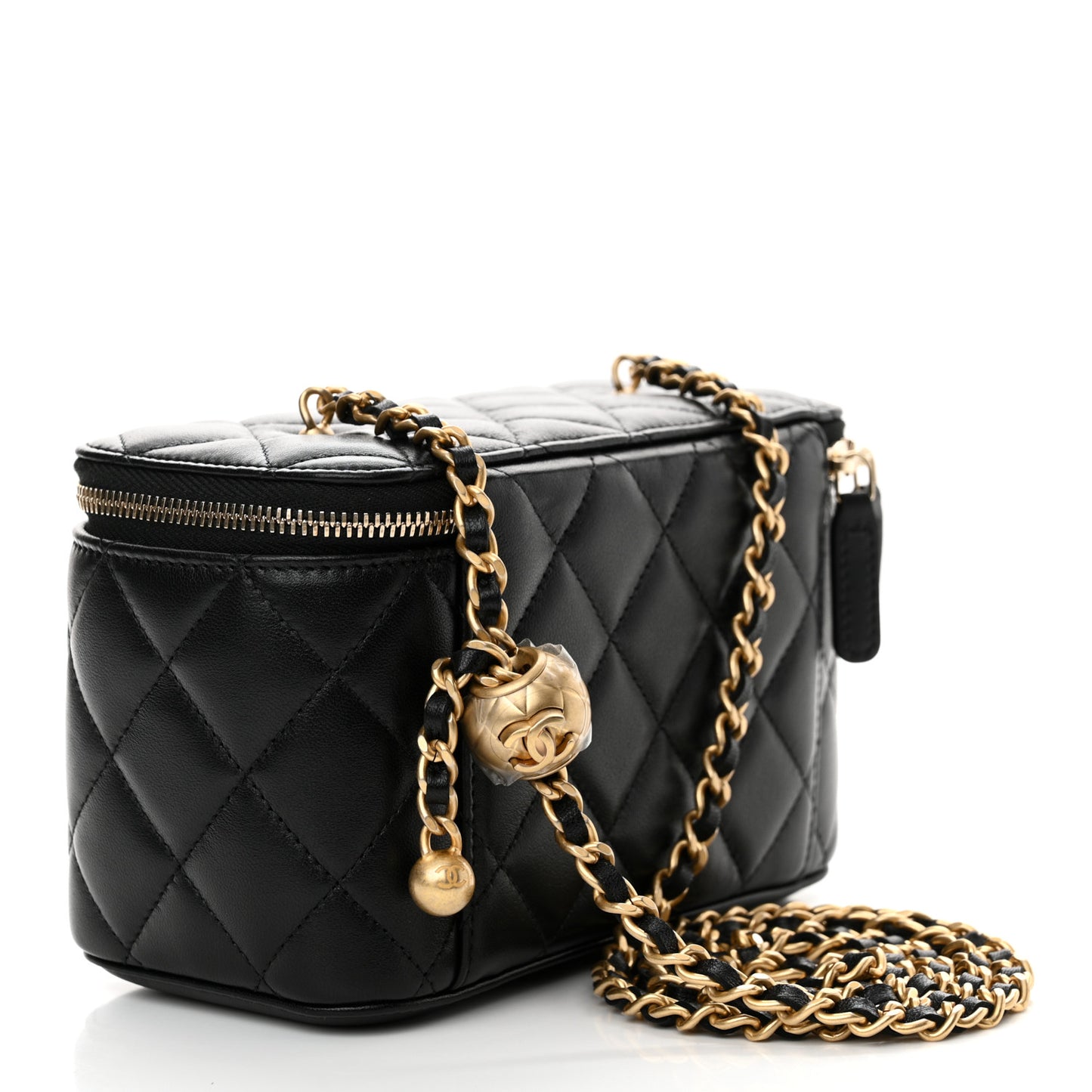 Lambskin Quilted Pearl Crush Small Vanity Case With Chain Black