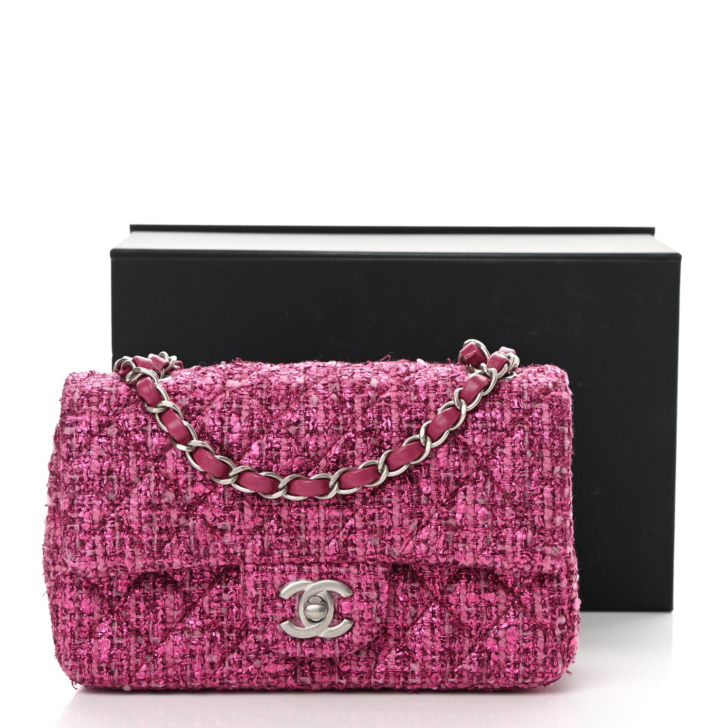 Chanel Metallic Tweed Quilted Mini Rectangular Flap Pink 1197658