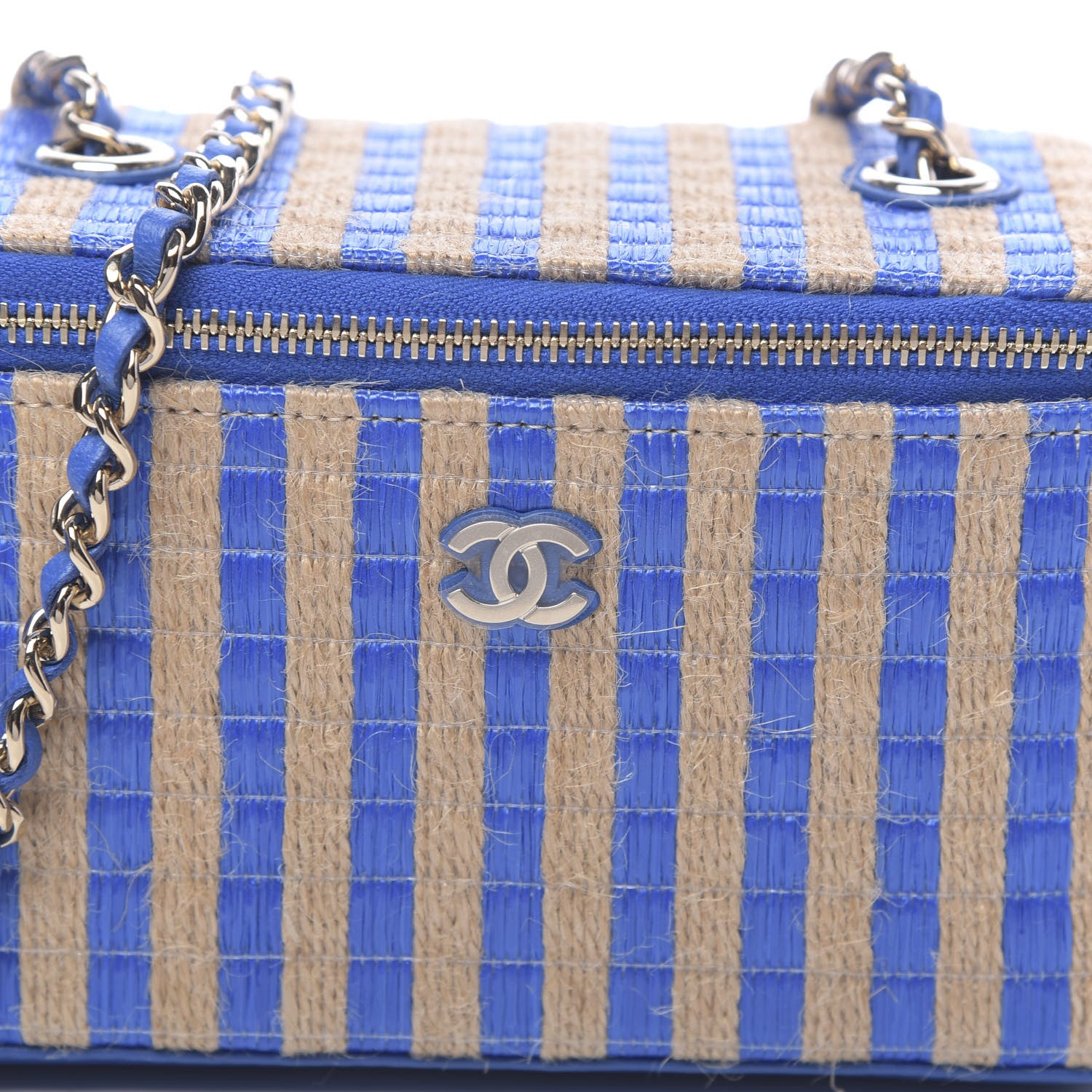 Chanel Raffia Jute Striped Small Vanity Case With Chain Blue Beige 10 of 11