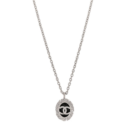 Chanel Metal Resin Crystal CC Oval Necklace Silver Black 1 of 5