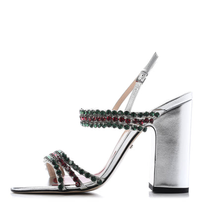 Gucci Nappa Silk Crystal Bertie High Heel Sandals 39 Argento 1 of 9