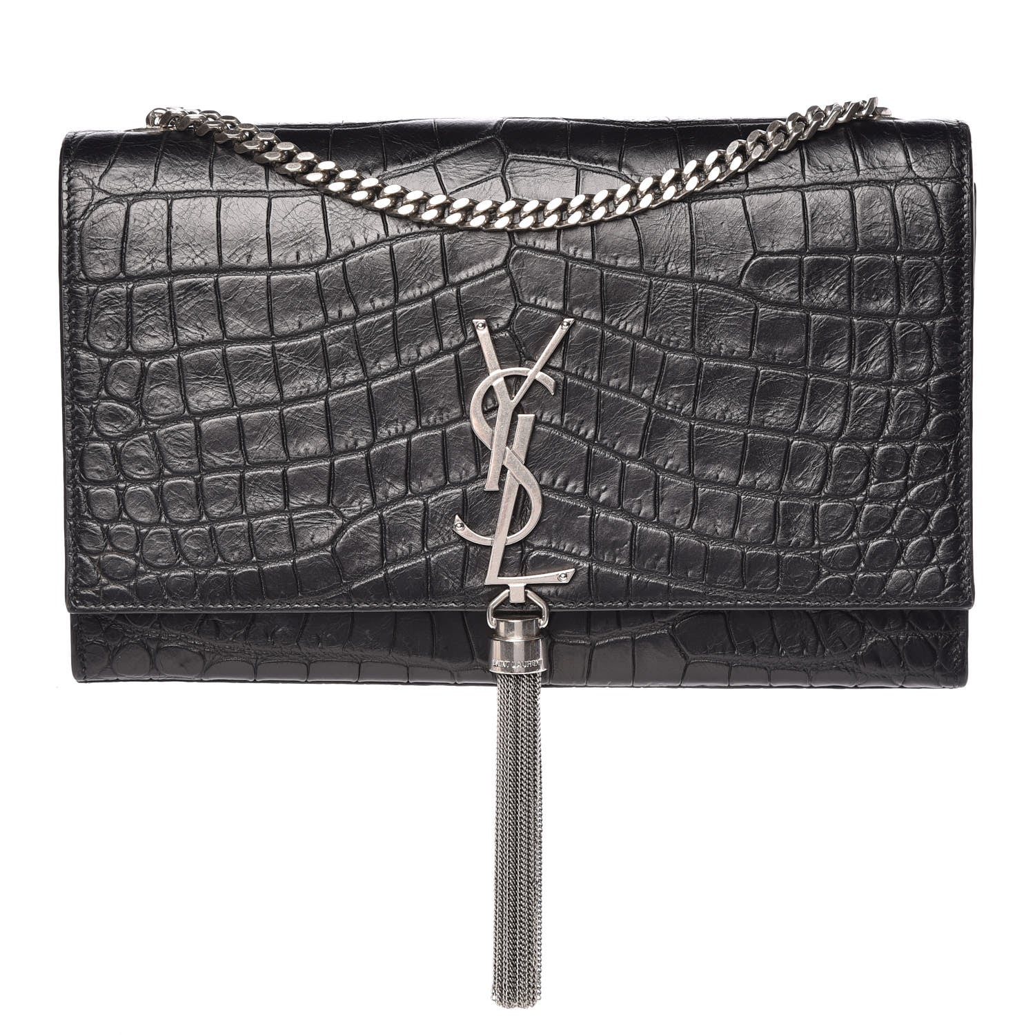 Saint Laurent Calfskin Crocodile Embossed Medium Classic Monogram Kate Tassel Satchel Black 1 of 9