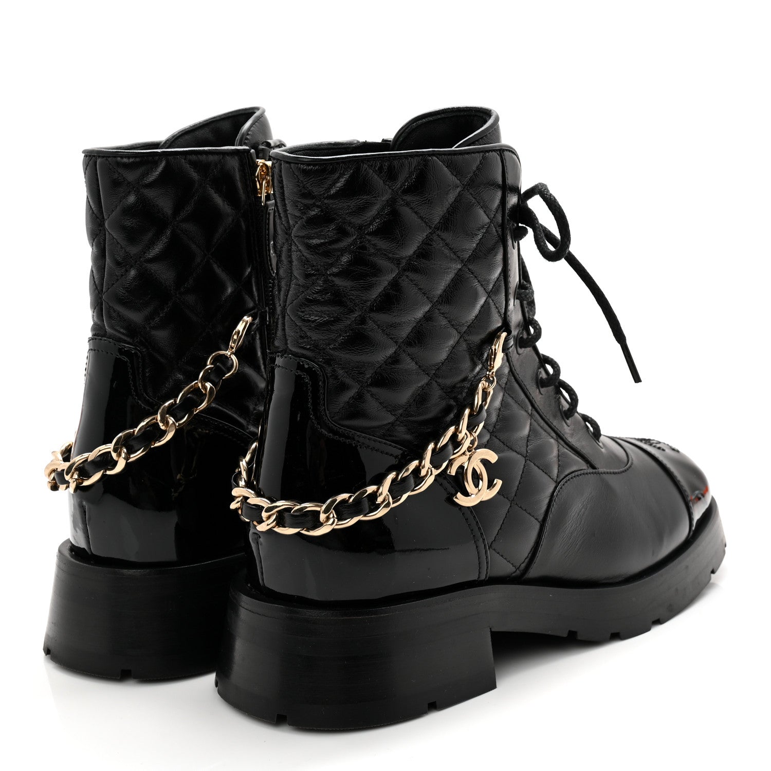 Chanel Shiny Calfskin Patent Quilted Chain Lace Up Combat Boots 38 Black 4 of 10