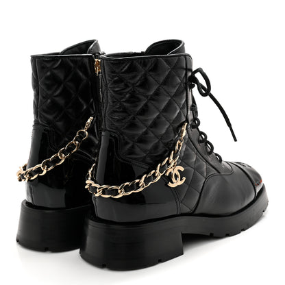Chanel Shiny Calfskin Patent Quilted Chain Lace Up Combat Boots 38 Black 4 of 10