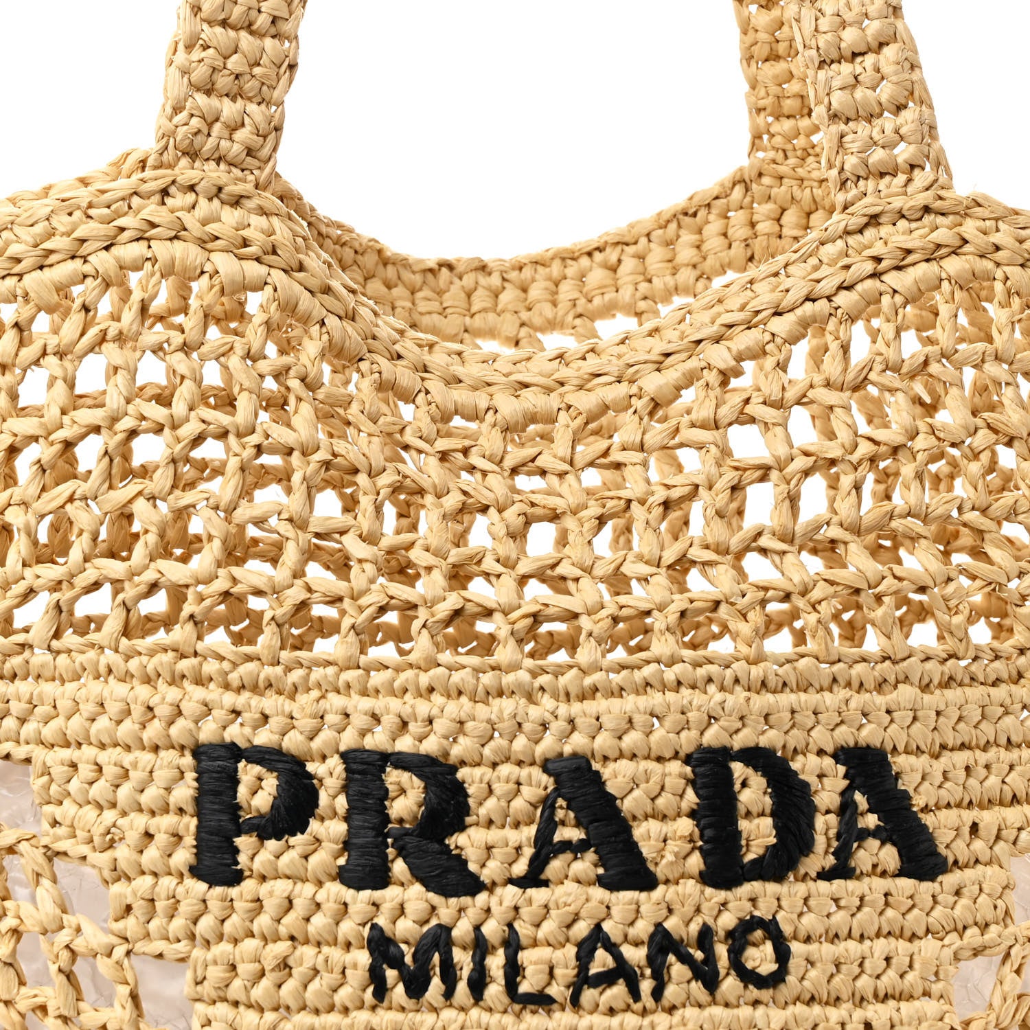 Prada Yarn Raffia Effect Crochet Logo Embroidered Tote Bag Naturale 8 of 10