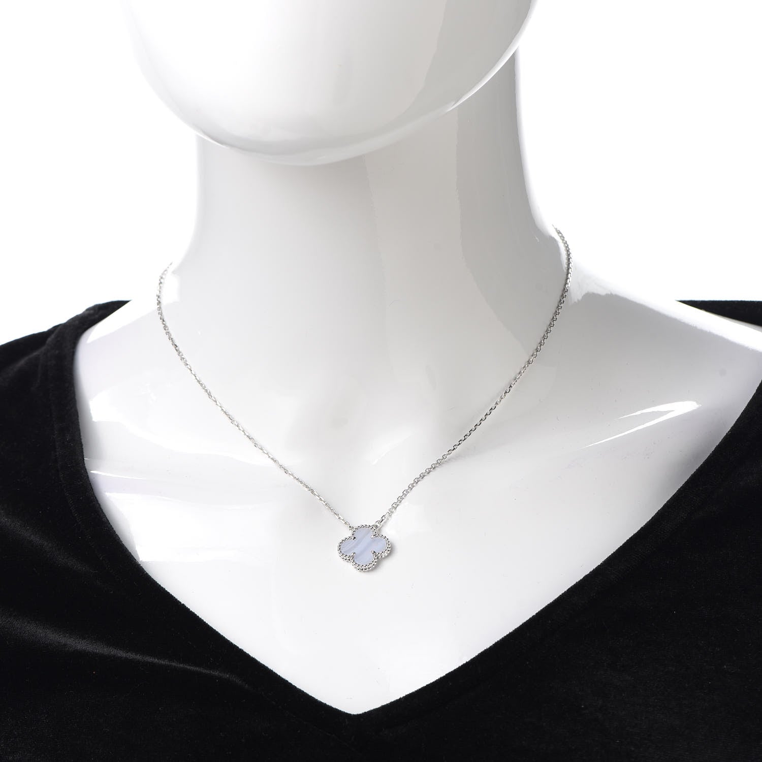 Van Cleef & Arpels 18K White Gold Chalcedony Vintage Alhambra Pendant Necklace 2 of 8