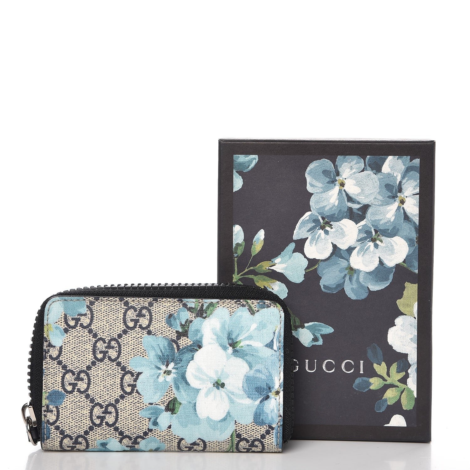 Gucci GG Supreme Monogram Blooms Zip Around Card Case Wallet Beige Blue Navy 7 of 7