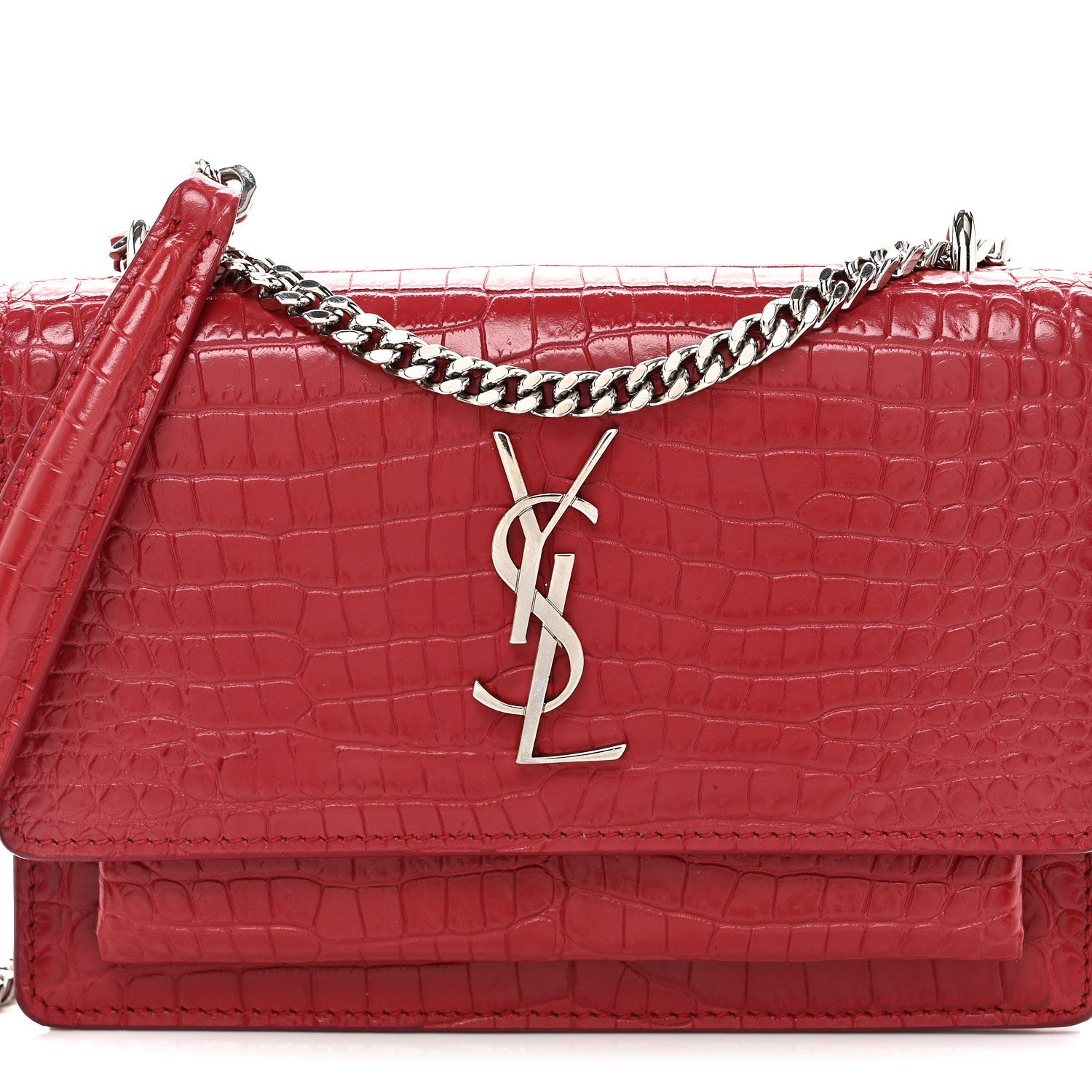 Saint Laurent Calfskin Crocodile Embossed Monogram Sunset Chain Wallet Rouge Eros 8 of 10