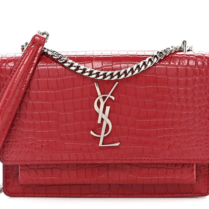 Saint Laurent Calfskin Crocodile Embossed Monogram Sunset Chain Wallet Rouge Eros 8 of 10