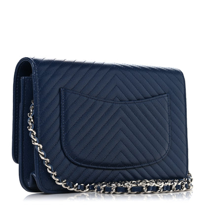 Chanel Caviar Chevron Quilted Wallet On Chain WOC Navy 3 of 12