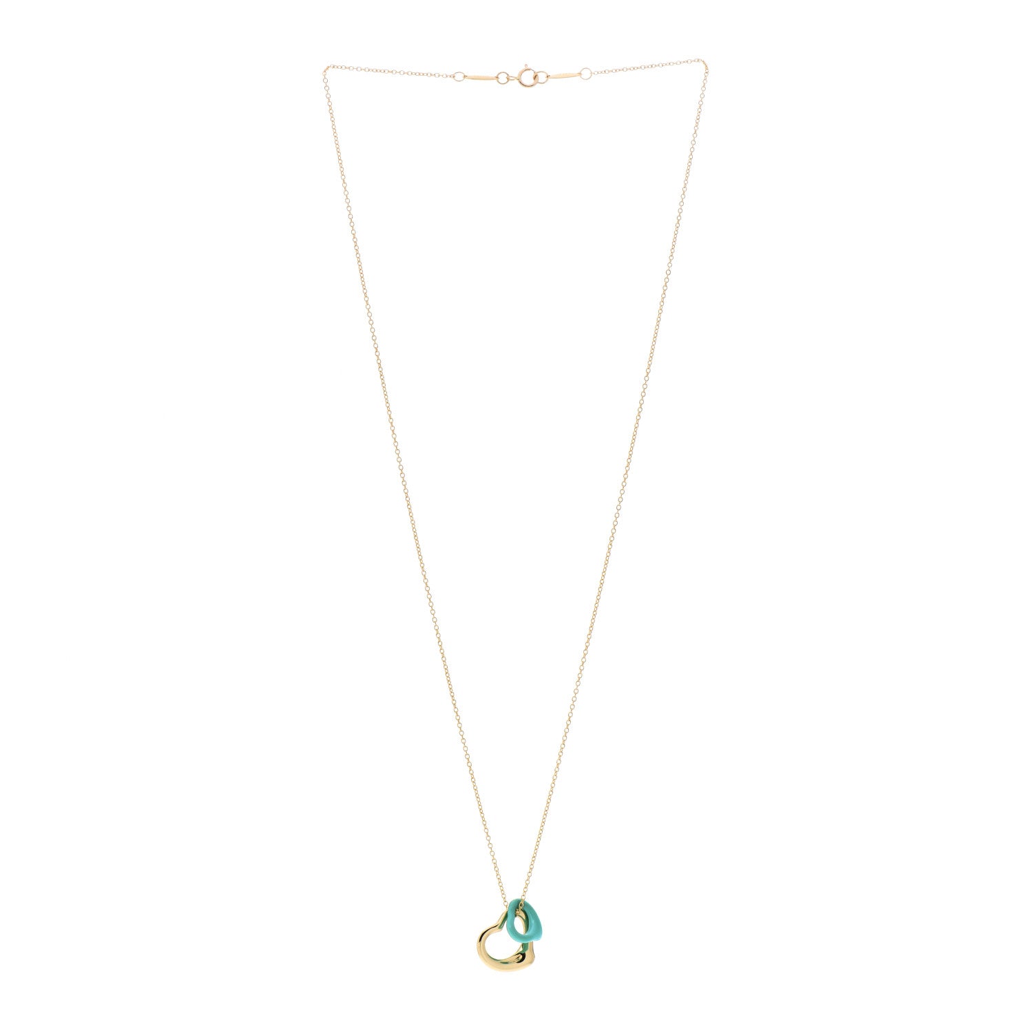 Tiffany 18K Yellow Gold Turquoise Elsa Peretti Double Open Heart Pendant Necklace 3 of 5