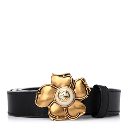 Gucci Calfskin Metal Flower Interlocking G Belt 80 32 Black 1 of 4