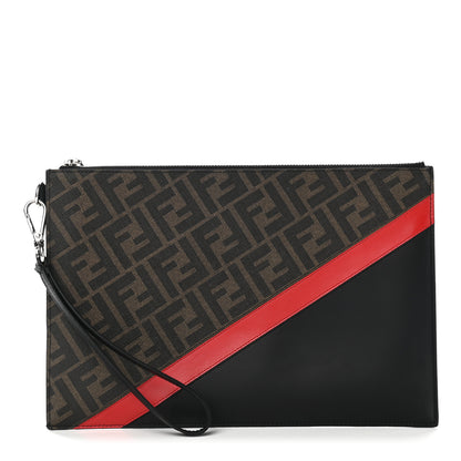 Fendi Glazed Fabric Vitello Liberty FF 1974 Diagonal Flat Clutch Tobacco Rosso Black 1 of 8