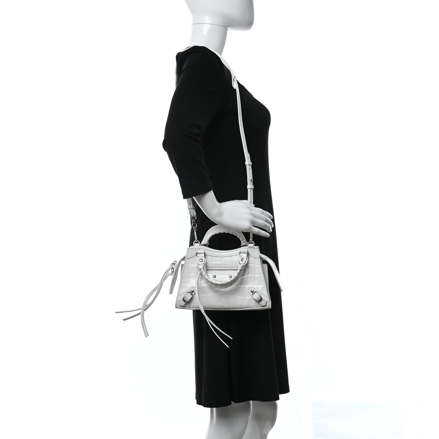 Semi Shiny Calfskin Crocodile Embossed Neo Classic Silver Hardware Mini City White