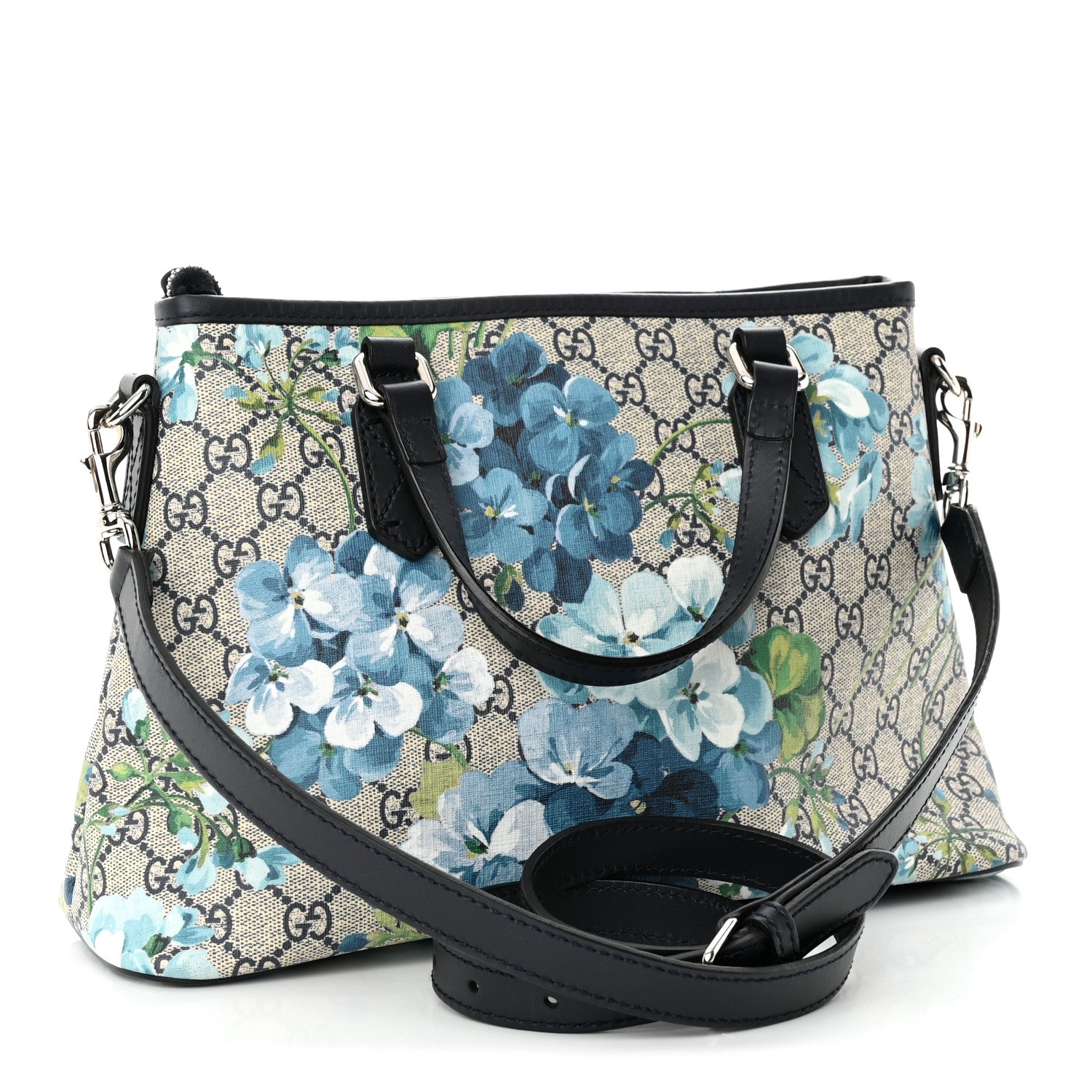 Gucci GG Supreme Monogram Blooms Small Zippered Tote Blue 3 of 14
