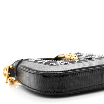 Gucci Lizard Mesh Crystal GG Monogram Mini Jackie 1961 Hobo Black 8 of 10