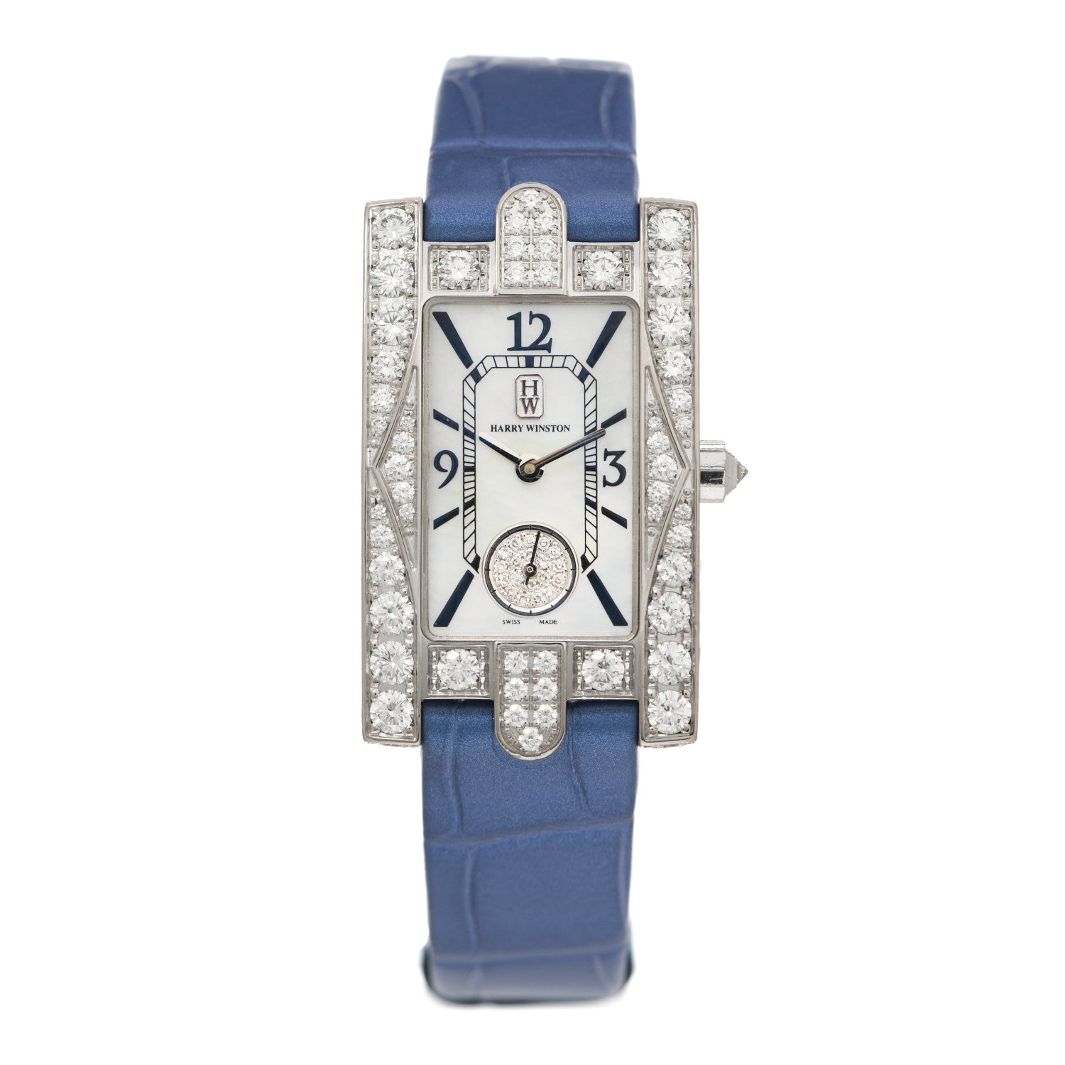 Harry Winston 18K White Gold Alligator Diamond Pave Bezel Mother of Pearl 21mm Aurora Classic Quartz Watch 1 of 4