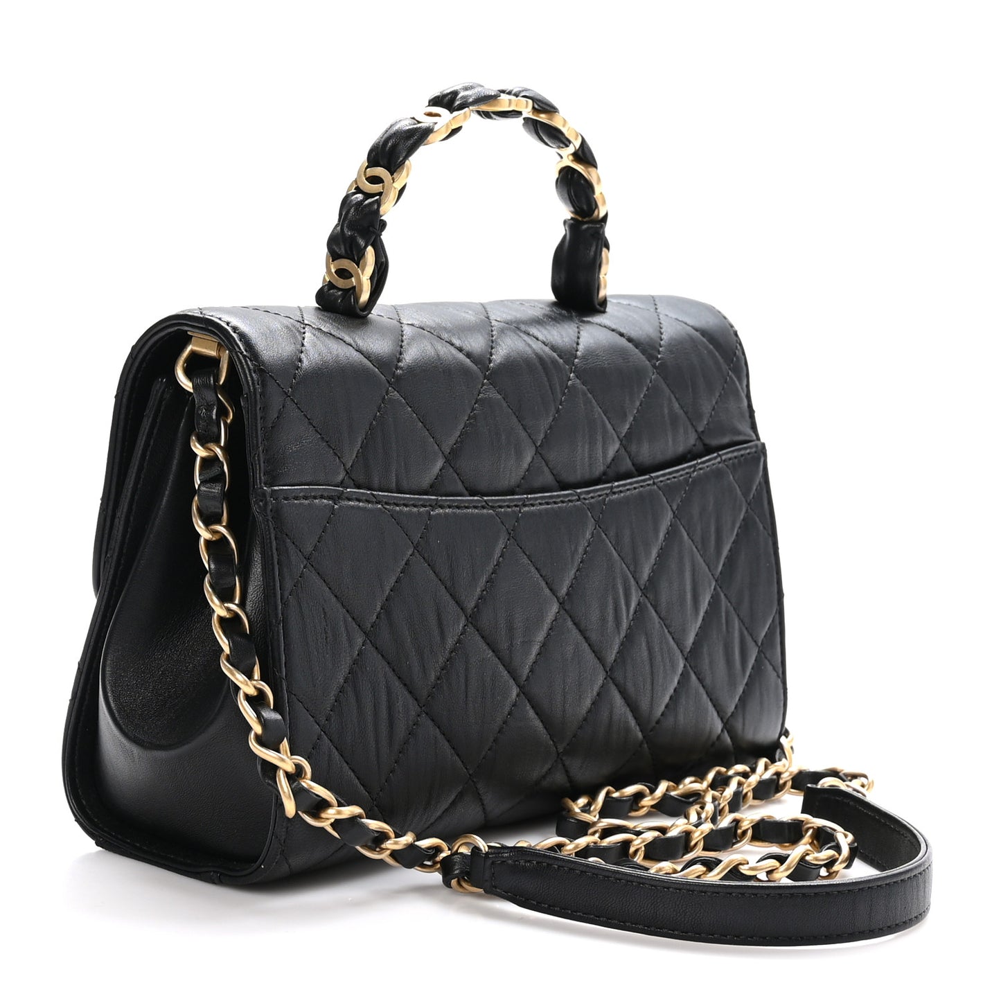 Crumpled Lambskin Quilted Small CC Links Top Handle Flap Black