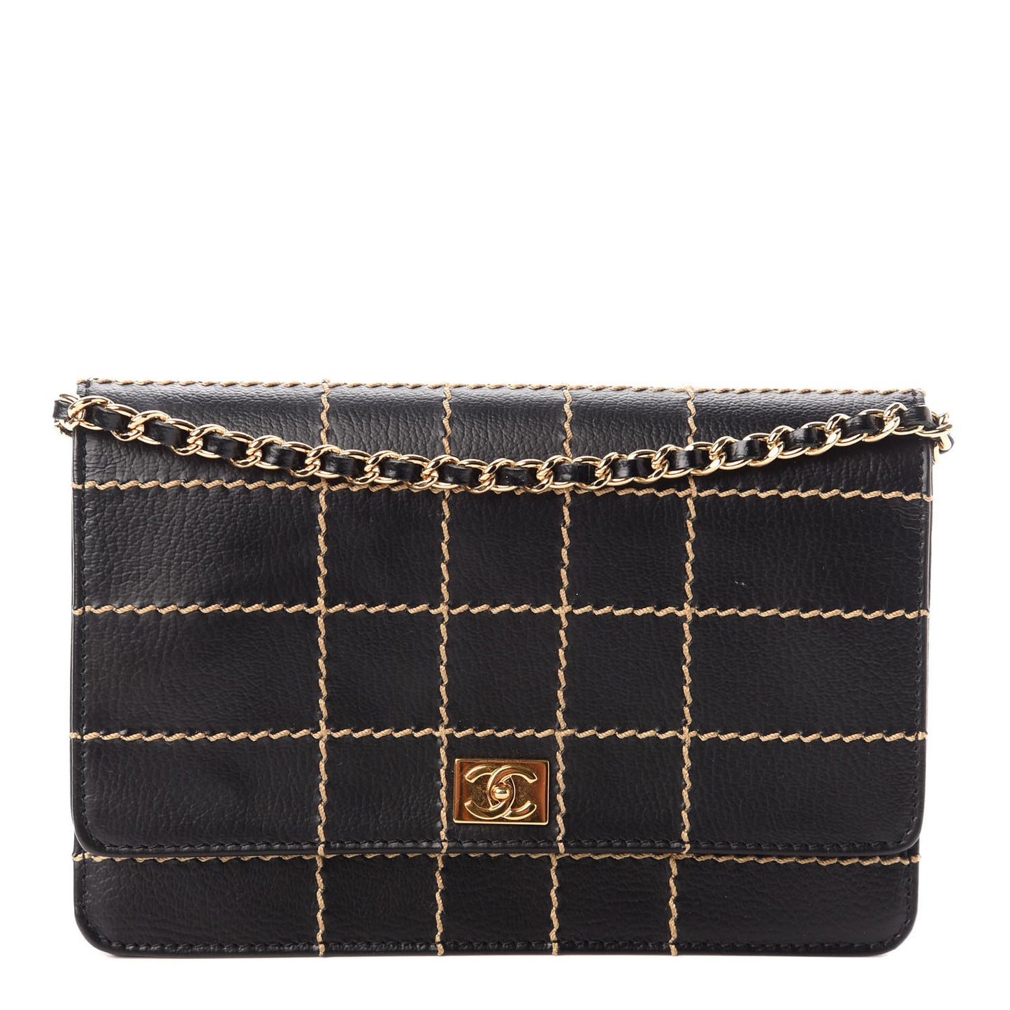 Calfskin Stitched Square Quilted Wallet On Chain WOC Black