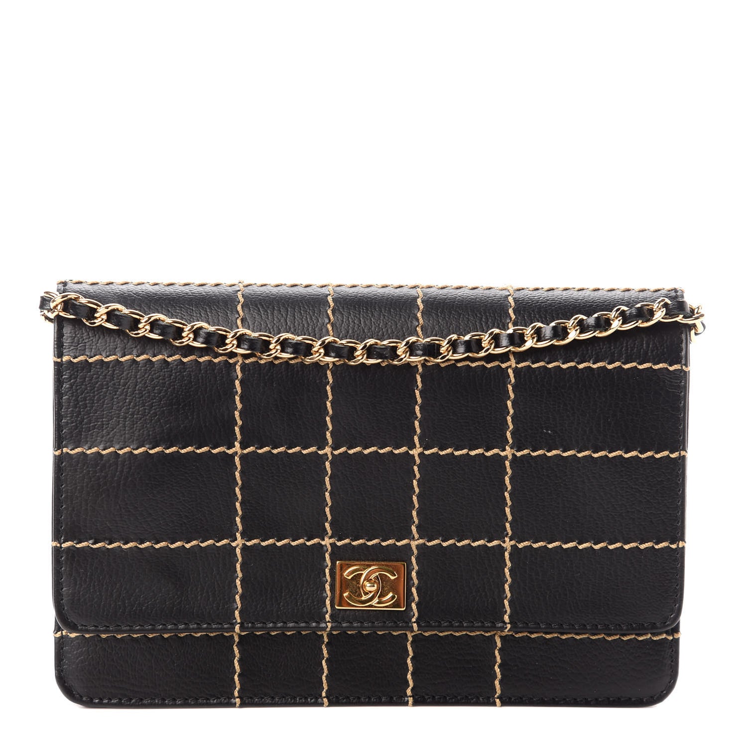 Chanel Calfskin Stitched Square Quilted Wallet On Chain WOC Black 1 of 9