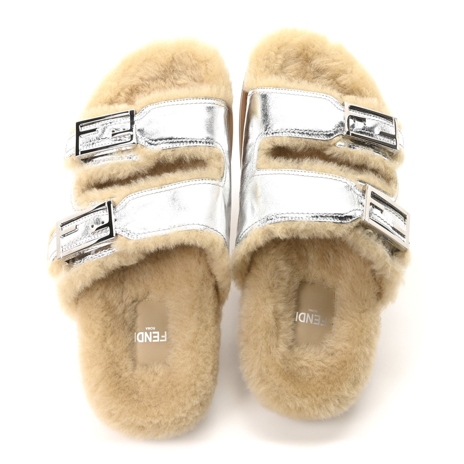 Fendi Shearling Metallic Vitello Womens FF Fendi Feel Buckled Slide Sandals 40 Argento 2 of 9