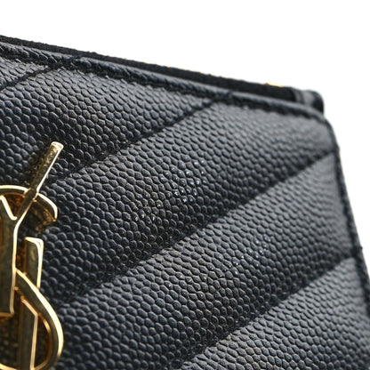 Saint Laurent Grain De Poudre Matelasse Chevron Monogram Fragments Zippered Card Case Black 9 of 9