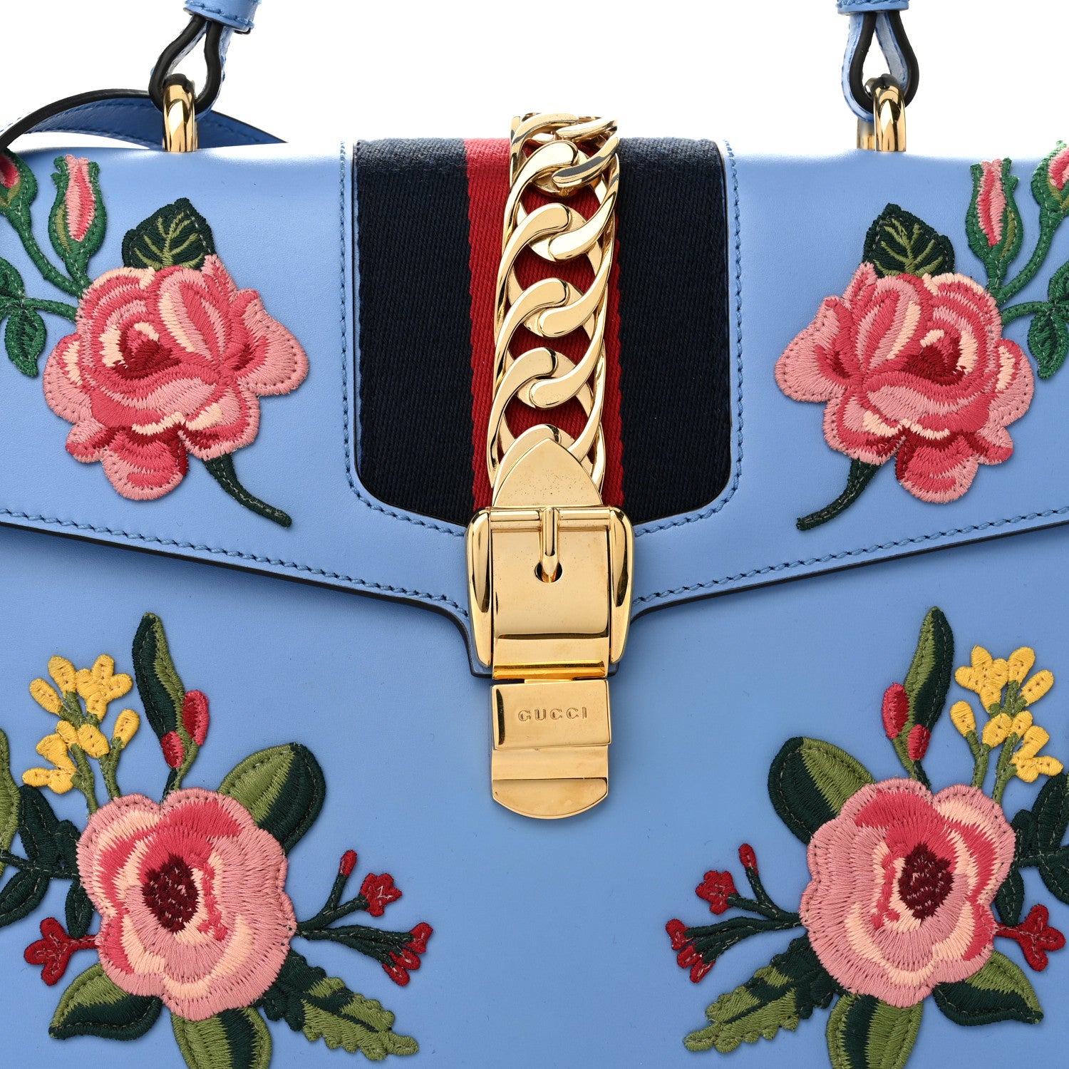Gucci Calfskin Embroidered Medium Sylvie Top Handle Bag Clear Sky Blue 8 of 10