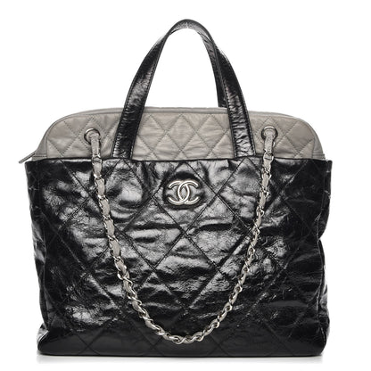 Chanel Glazed Calfskin Lambskin Quilted Portobello Tote Black Grey 1 of 11