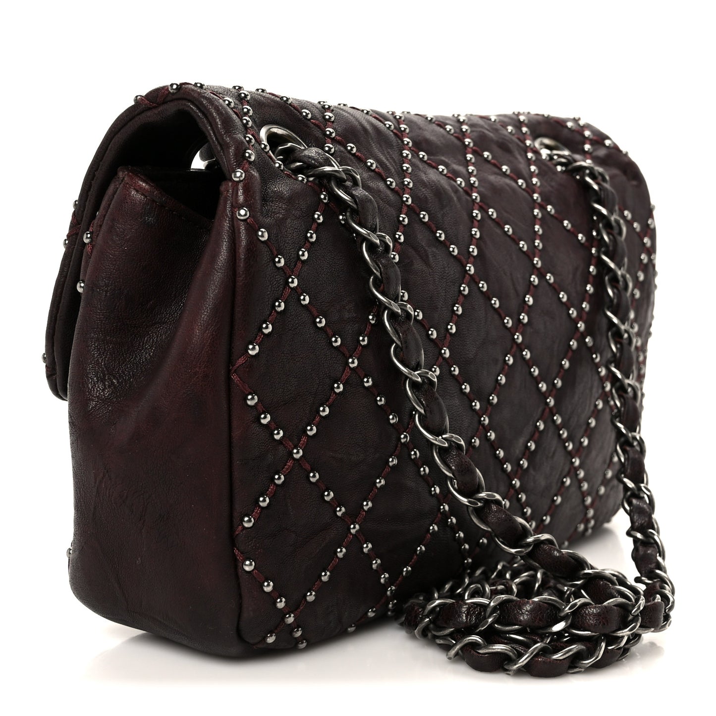 Washed Lambskin Studded Metal Beauty Flap Burgundy