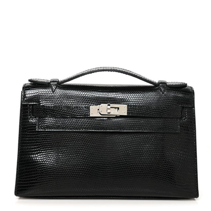 Hermes Lizard Kelly Pochette Clutch Black 1 of 12