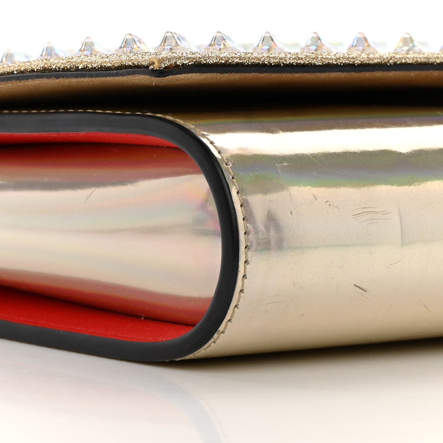 Metallic Glitter Patent Calfskin Spikes Boudoir Chain Wallet Silver