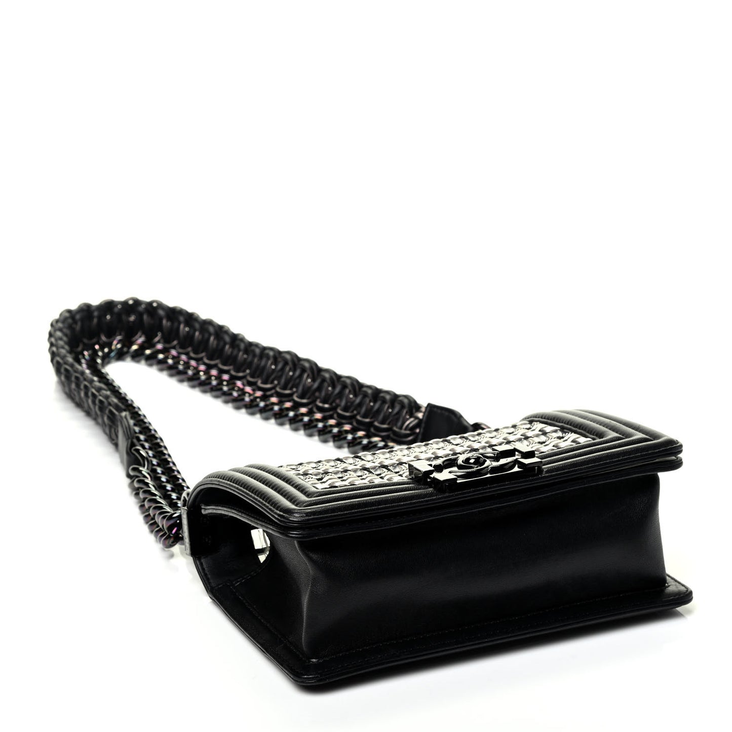 Lambskin PVC Thread Woven Small Boy Flap Black