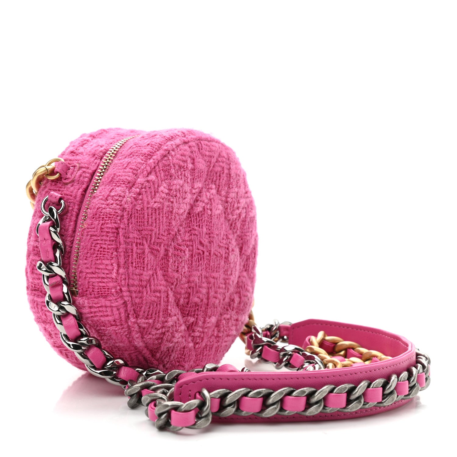 Chanel Wool Tweed Lambskin Quilted Chanel 19 Round Clutch With Chain and Coin Purse Fuchsia 4 of 11