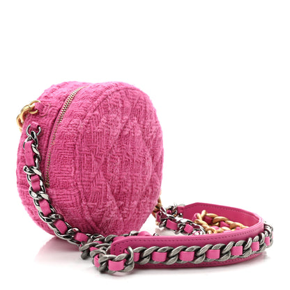Chanel Wool Tweed Lambskin Quilted Chanel 19 Round Clutch With Chain and Coin Purse Fuchsia 4 of 11